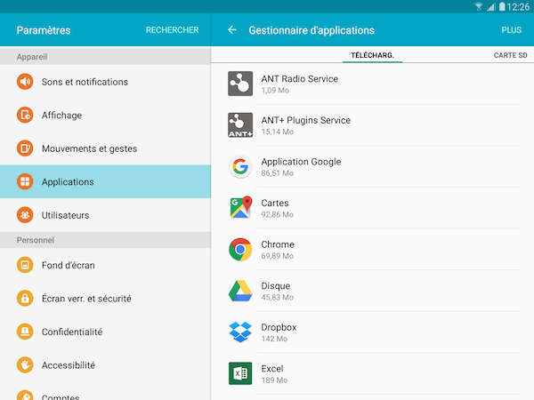 Galaxy Tab S2: Vider le cache ou effacer les données d'une application(SM-T710 ou SM-T810)