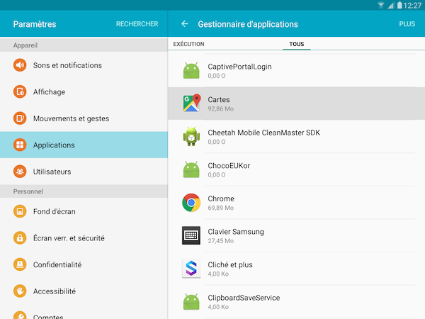 Galaxy Tab S2: Vider le cache ou effacer les données d'une application(SM-T710 ou SM-T810)