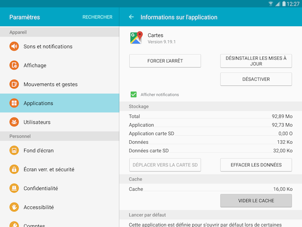 Galaxy Tab S2: Vider le cache ou effacer les données d'une application(SM-T710 ou SM-T810)