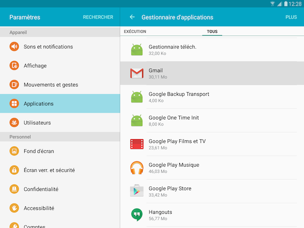 Galaxy Tab S2: Vider le cache ou effacer les données d'une application(SM-T710 ou SM-T810)