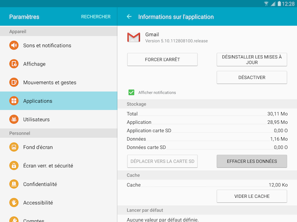 Galaxy Tab S2: Vider le cache ou effacer les données d'une application(SM-T710 ou SM-T810)