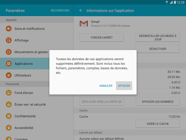 Galaxy Tab S2: Vider le cache ou effacer les données d'une application(SM-T710 ou SM-T810)