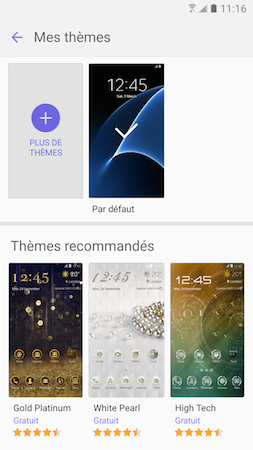 Touchez l'un des thèmes disponibles dans la section Mes thèmes ou touchez « Plus de thèmes » pour ouvrir la boutique Samsung et sélectionner un autre thème