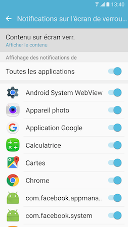 Touchez « Contenu sur écran verr »