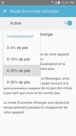 Comment activer et utiliser les modes économie d'énergie sur mon Samsung Galaxy S7 ?