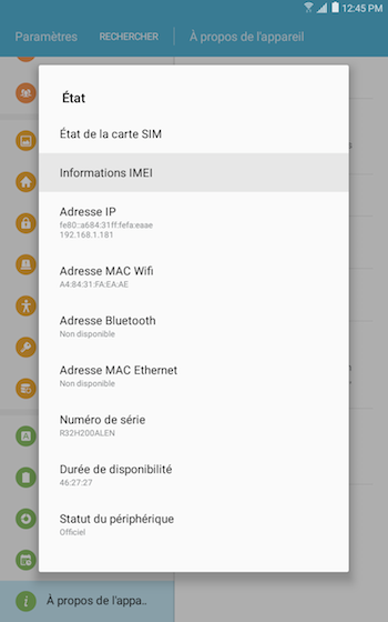 Comment trouver le numéro de série (ou code IMEI) de ma Tablette Samsung Galaxy Tab E