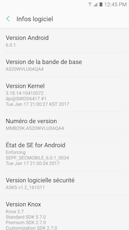 Galaxy A5 (2017): Version de la plate-forme Android (SM-A520W)