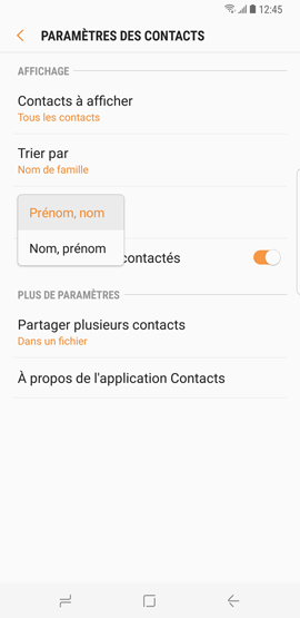 Galaxy S8: Modifier le mode de tri des contacts (SM-G950W)