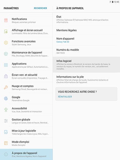 Galaxy Tab S3: Version de la plate-forme Android (SM-T820)