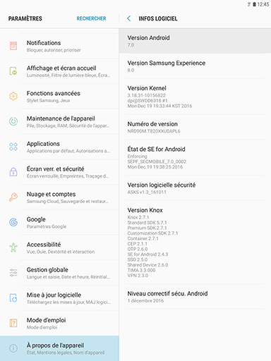 Galaxy Tab S3: Version de la plate-forme Android (SM-T820)