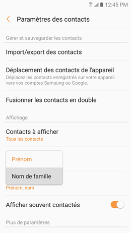 Galaxy A5 (2017): Modifier le mode de tri des contacts (SM-A520W)