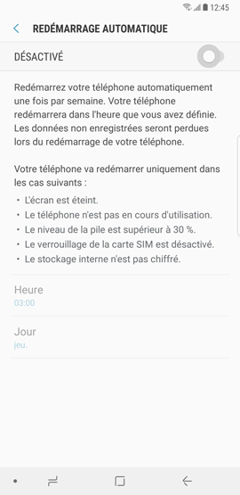 Comment activer la fonction redémarrage automatique sur mon Samsung Galaxy Note 8 ?