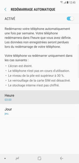 Comment activer la fonction redémarrage automatique sur mon Samsung Galaxy Note 8 ?