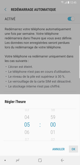 Comment activer la fonction redémarrage automatique sur mon Samsung Galaxy Note 8 ?