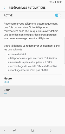 Comment activer la fonction redémarrage automatique sur mon Samsung Galaxy Note 8 ?