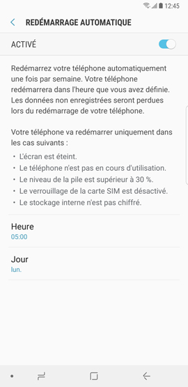 Comment activer la fonction redémarrage automatique sur mon Samsung Galaxy Note 8 ?