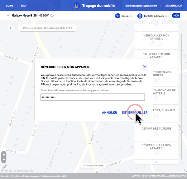 Traçage du mobile, Comment faire pour déverrouiller mon Samsung Galaxy Note 8 à distance ?