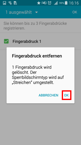 Setzen Sie das Häckchen neben den zu löschenden Fingerabdruck und drücken Sie zweimal auf OK um das Löschen zu bestätigen