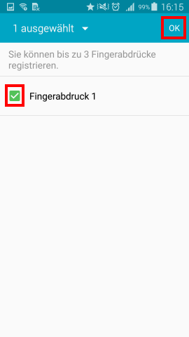 Setzen Sie das Häckchen neben den zu löschenden Fingerabdruck und drücken Sie zweimal auf OK um das Löschen zu bestätigen