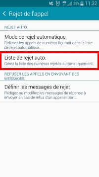 Sélectionnez Liste de rejet auto