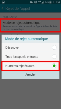 Appuyez ensuite sur la flèche retour. Dans le menu Mode de rejet automatique, vous pouvez choisir si le rejet sera complètement désactivé