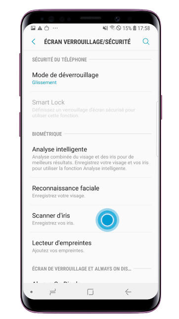 Appuyez sur « Scanner d’iris » et définissez un motif, un code PIN ou un mot de passe