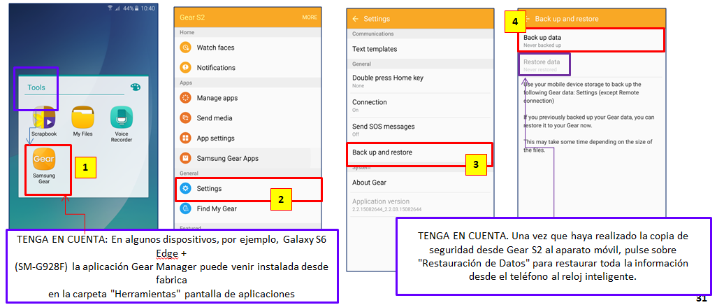 (Gear S2) ¿Cómo respaldar la información almacenada en el Gear S2?