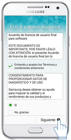 Galaxy E5 - ¿Cómo realizo la configuración inicial en mi dispositivo?