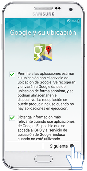 Galaxy E5 - ¿Cómo realizo la configuración inicial en mi dispositivo?