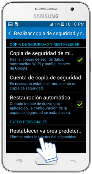 Galaxy Core2 - ¿Cómo resTablecer los valores de fábrica?