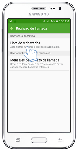 Galaxy J2 - ¿Cómo agregar un contacto a la lista de rechazados?