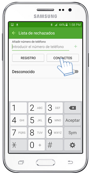 Galaxy J2 - ¿Cómo agregar un contacto a la lista de rechazados?