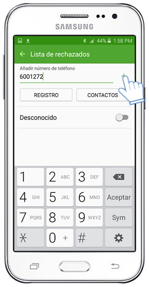 Galaxy J2 - ¿Cómo agregar un contacto a la lista de rechazados?