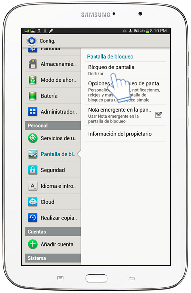 Galaxy Note (8.0, 3G) - ¿Cómo esTablecer desbloqueo por patrón?