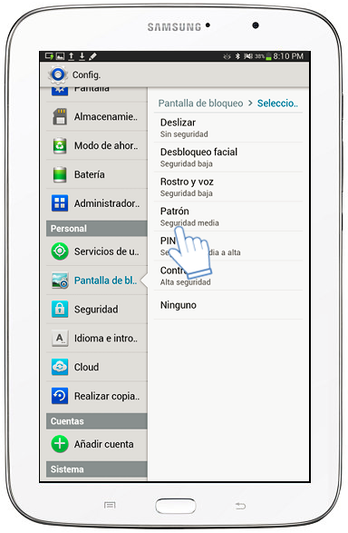 Galaxy Note (8.0, 3G) - ¿Cómo esTablecer desbloqueo por patrón?