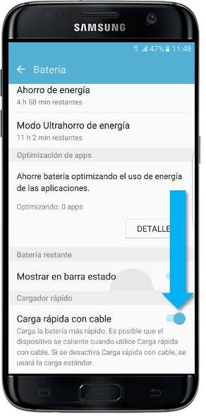 Galaxy S7 Edge-¿Cómo activar la carga rápida con cable?