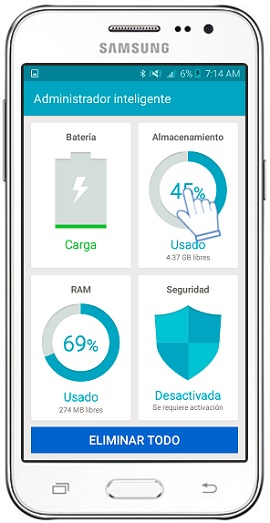 Samsung : Samsung Galaxy J2 - ¿Cómo verificar la memoria de almacenamiento con el Administrador inteligente?
