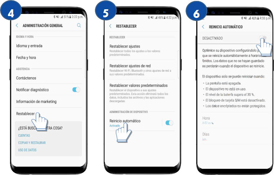 Samsung: Galaxy S8 y S8+-Activar el reinicio automático