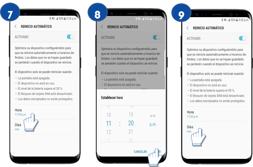 Samsung: Galaxy S8 y S8+-Activar el reinicio automático