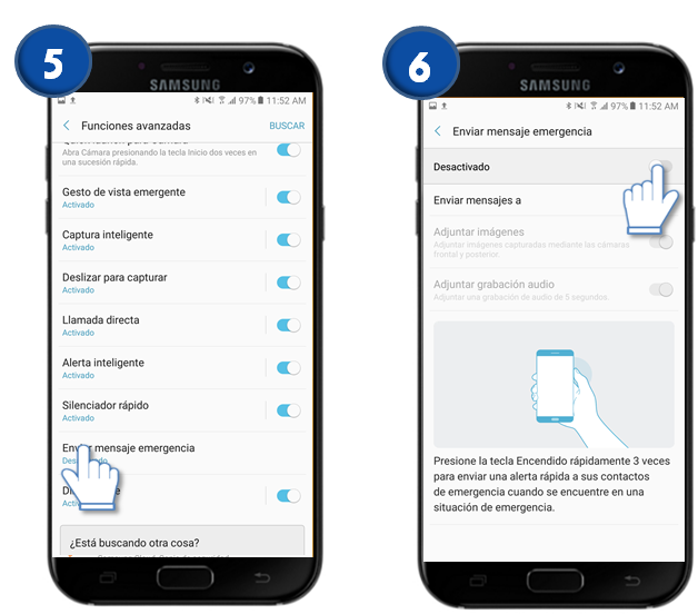 Samsung: Galaxy A7(2017)-¿Cómo puedes activar la función envió de mensaje de emergencia?