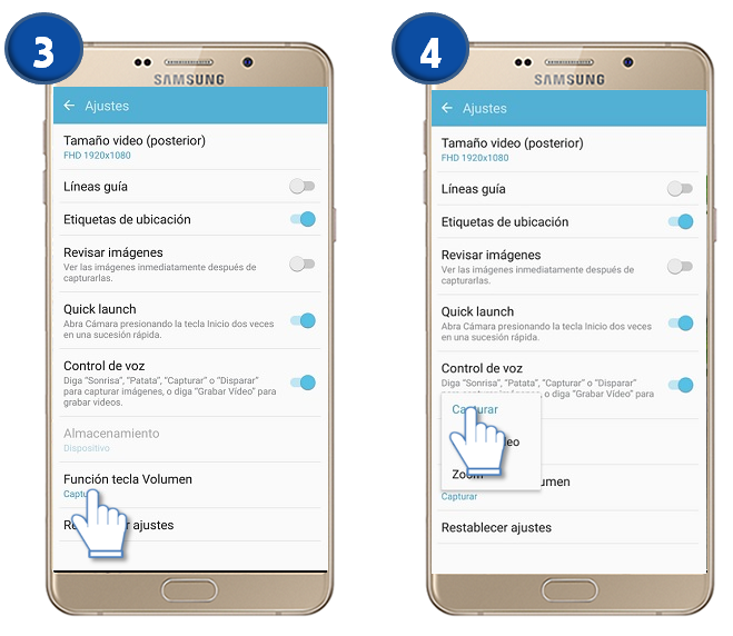 Galaxy A9 - ¿Cómo asignar la función de la tecla de volumen para cámara?