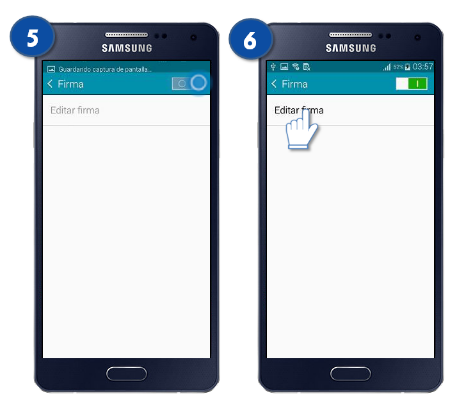 Galaxy A5 - ¿Cómo puedo añadir una firma en el mensaje de texto?