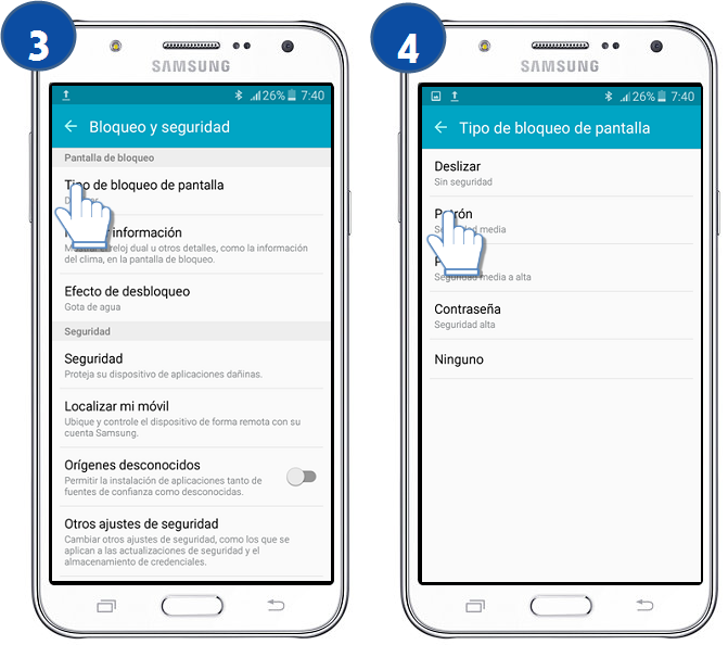Galaxy J7 - ¿Cómo esTablecer un bloqueo de pantalla por Patrón?