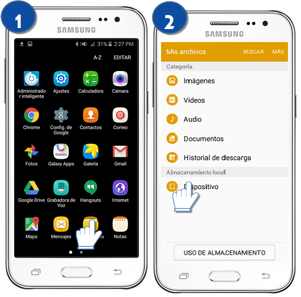 Samsung : Galaxy J2 - ¿Cómo organizar los archivos almacenados en la memoria de mi celular?