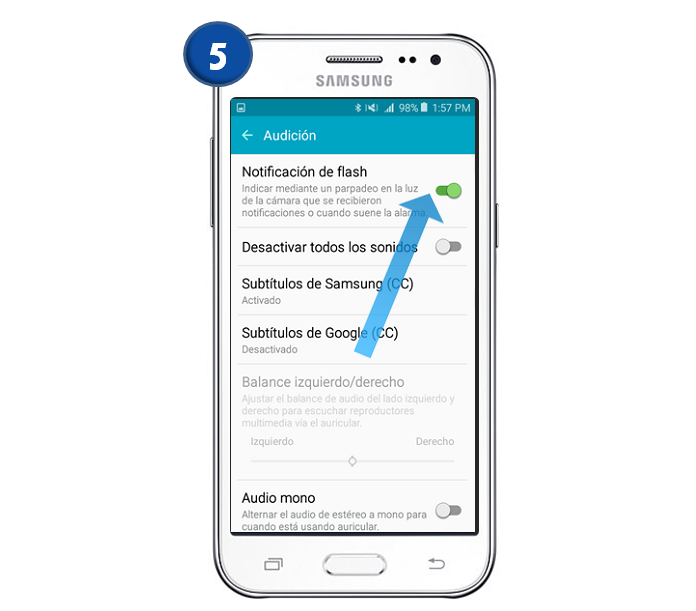 Galaxy J2 - ¿Cómo puedo usar el flash de la cámara como LED de notificaciones?