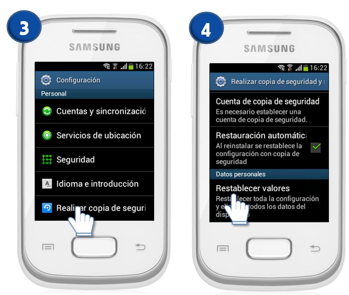 Galaxy Pocket - ¿Cómo resTablecer el equipo a Valores de fábrica?