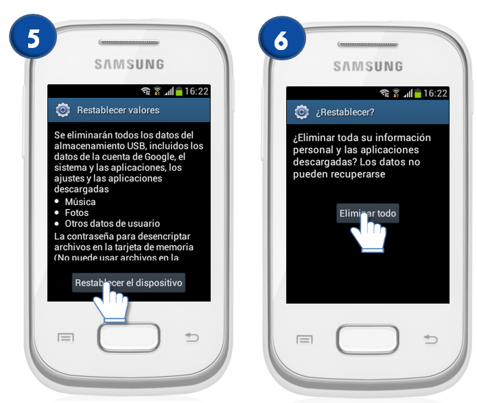 Galaxy Pocket - ¿Cómo resTablecer el equipo a Valores de fábrica?