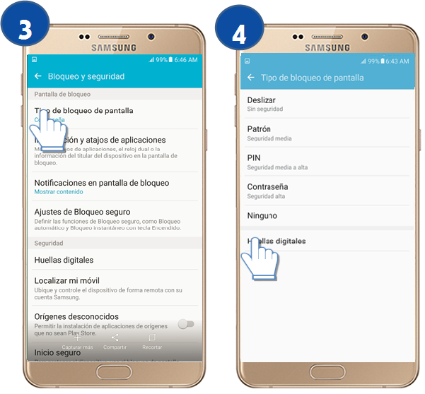 Galaxy A9 - ¿Cómo esTablecer bloqueo de pantalla a través de Huella digital?