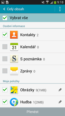 Na starom zariadení vyberte položky pre prenos a stlačte Preniesť