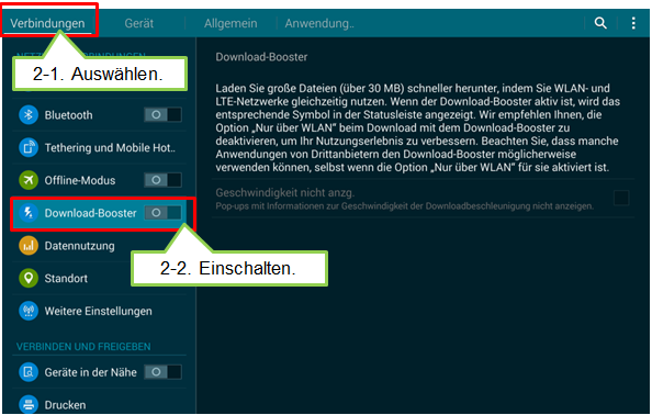 Samsung Galaxy Tab S, Download-Booster einrichten, Schritt 2, Booster auswählen